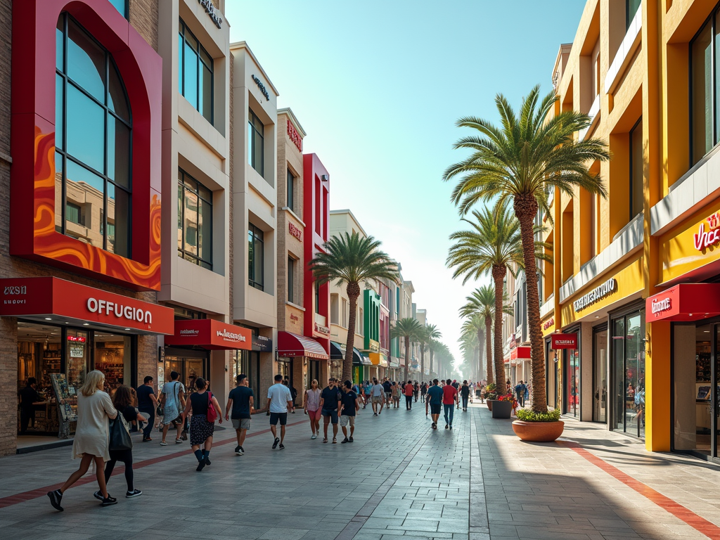 A busy shopping street lined with palm trees, colorful storefronts, and people walking under a clear blue sky.