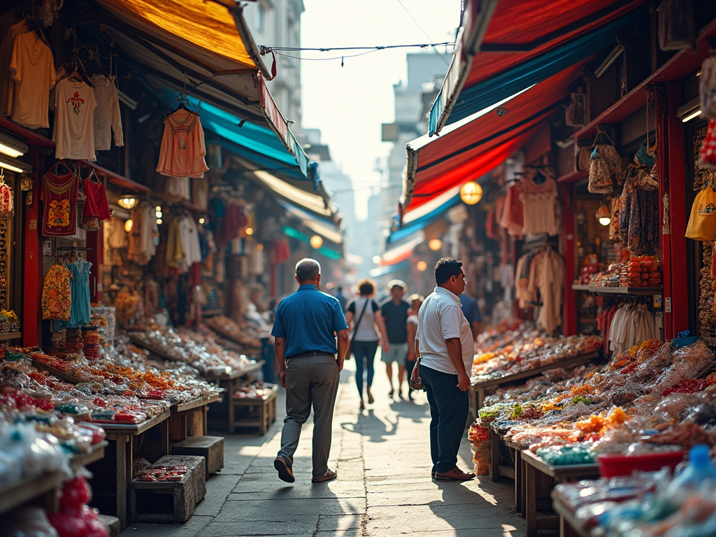 Vibrant market scene with visitors walking among stalls displaying colorful clothes and snacks.