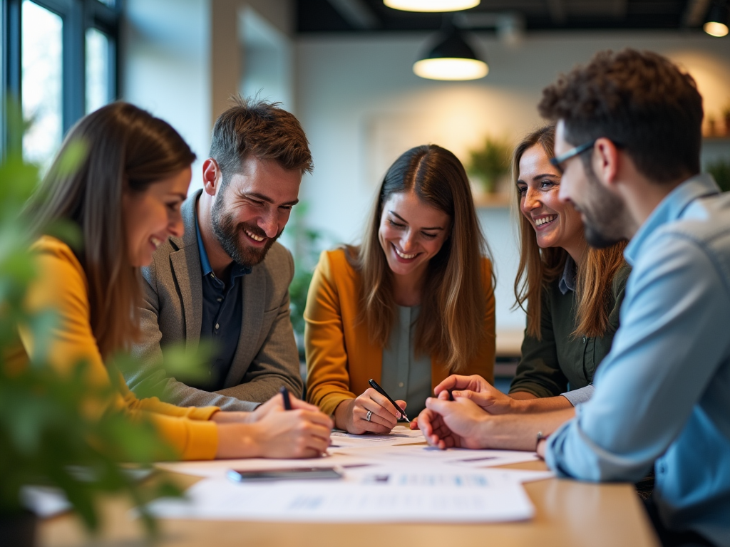 Five colleagues smiling and collaborating over documents in a modern office.