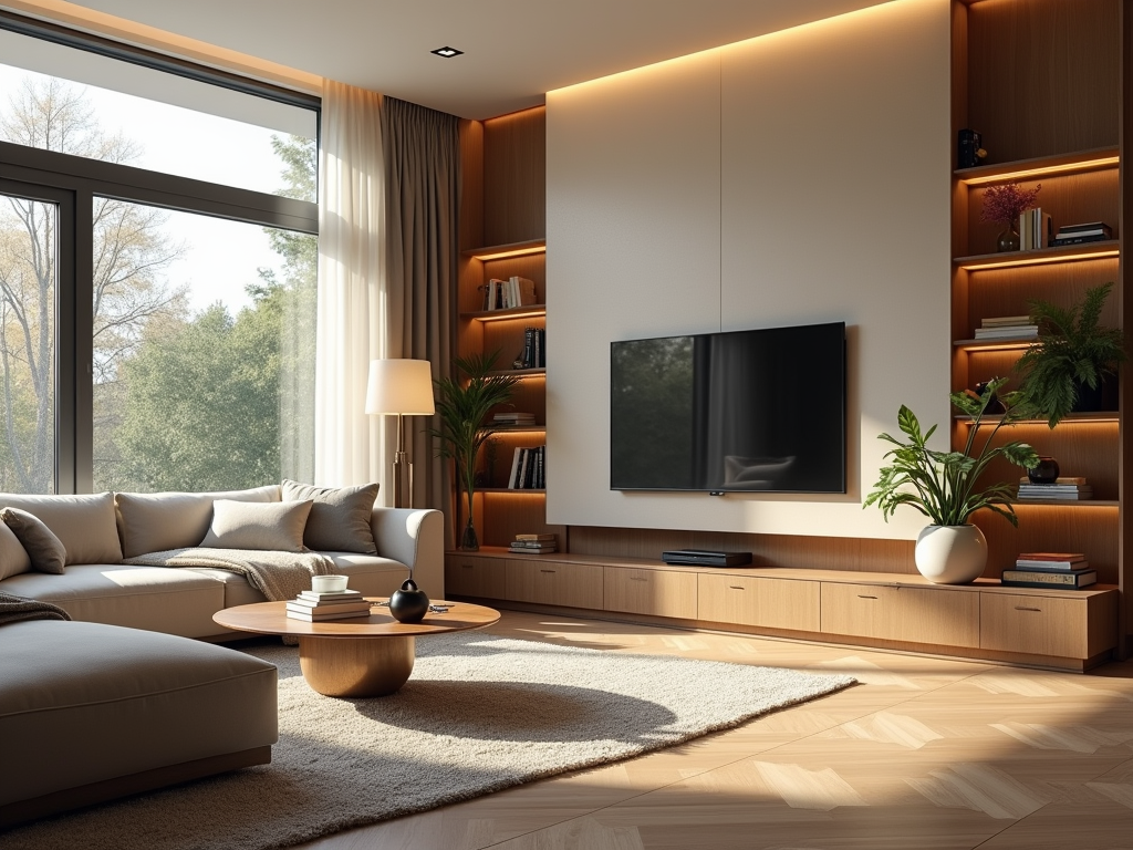 Modern living room with large windows, wooden shelves, and a beige sofa set.