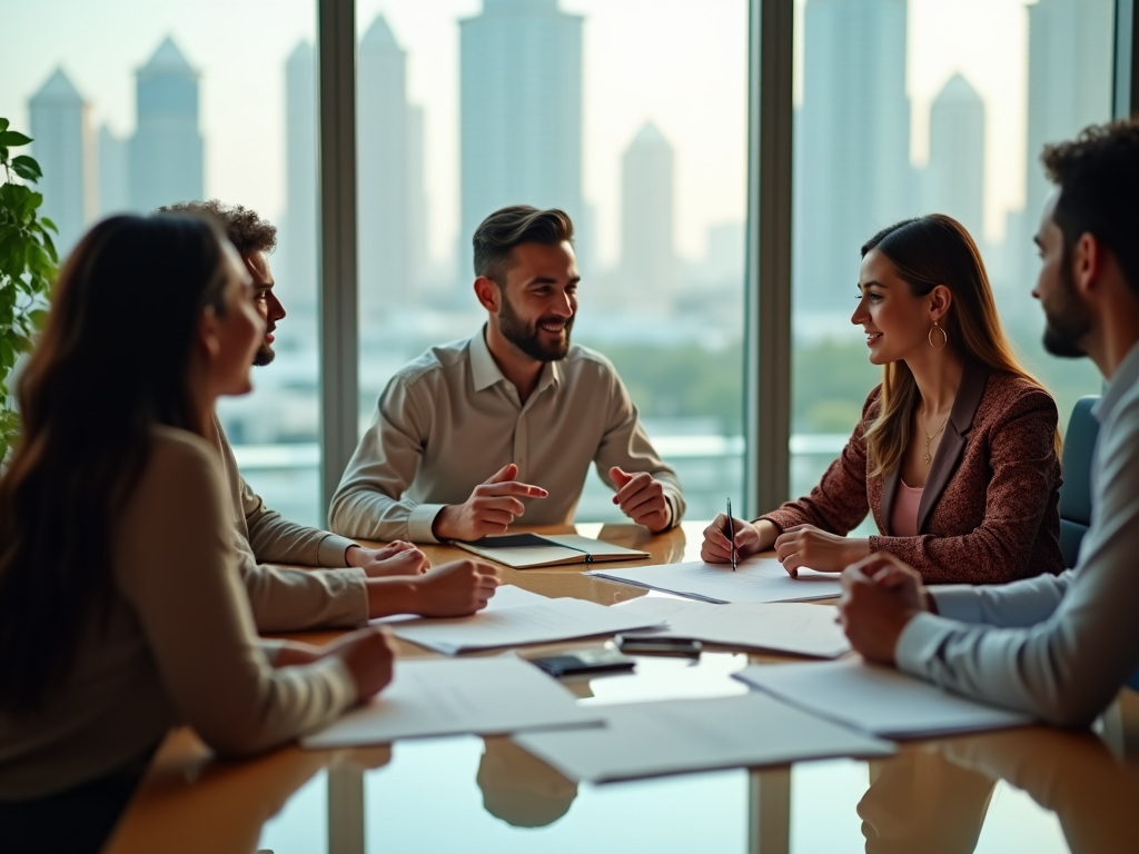 Four professionals discussing at a table with cityscape visible through the window.