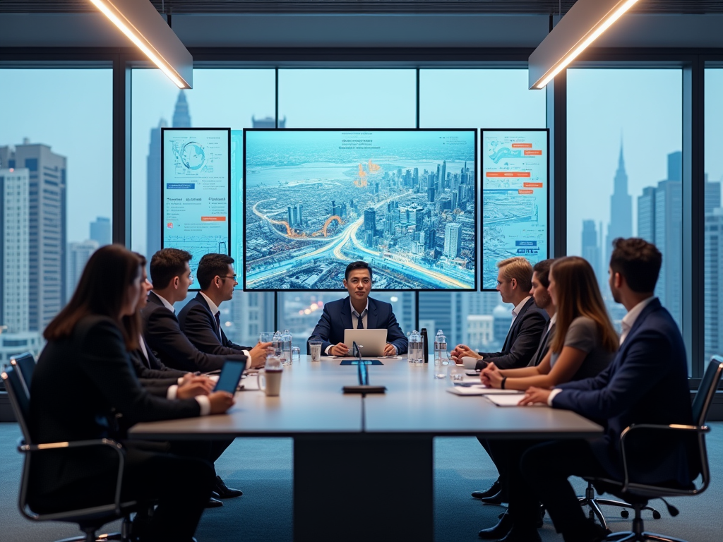 A business meeting with a diverse group sitting around a table, discussing a presentation displayed on screens.