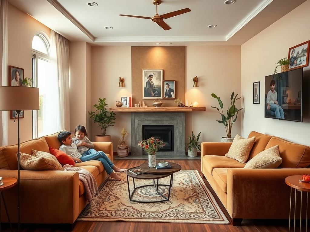 A cozy living room with two children on a sofa, a fireplace, plants, and framed pictures on the walls.