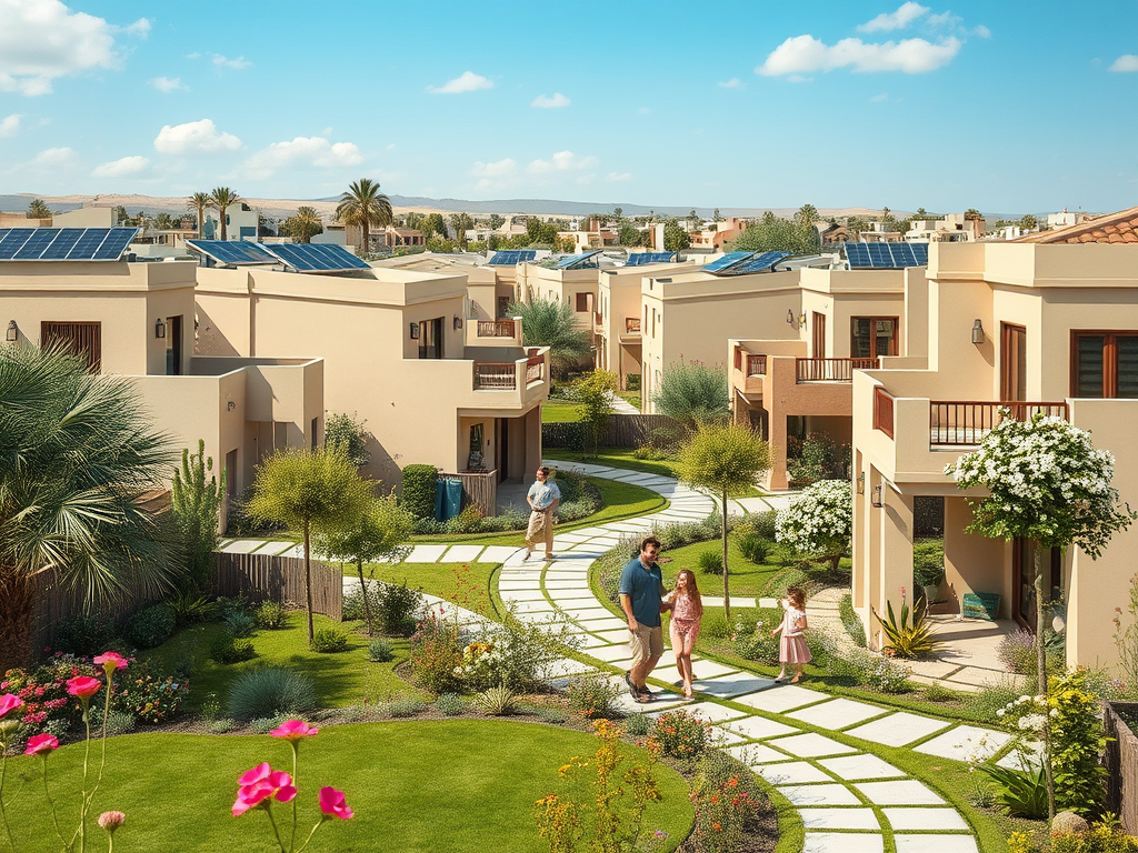 A family walks along a garden path in a residential area with solar-paneled roofs and colorful flowers.