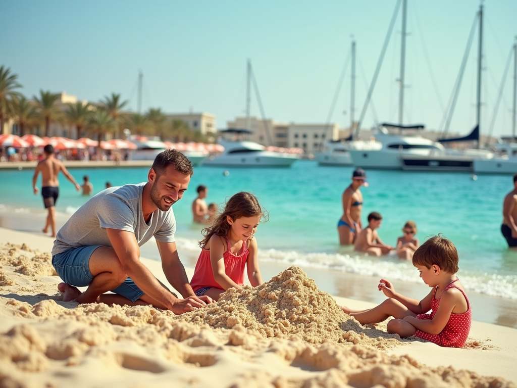 A man sits on the beach with two children, playing in the sand near palm trees and boats in the background.